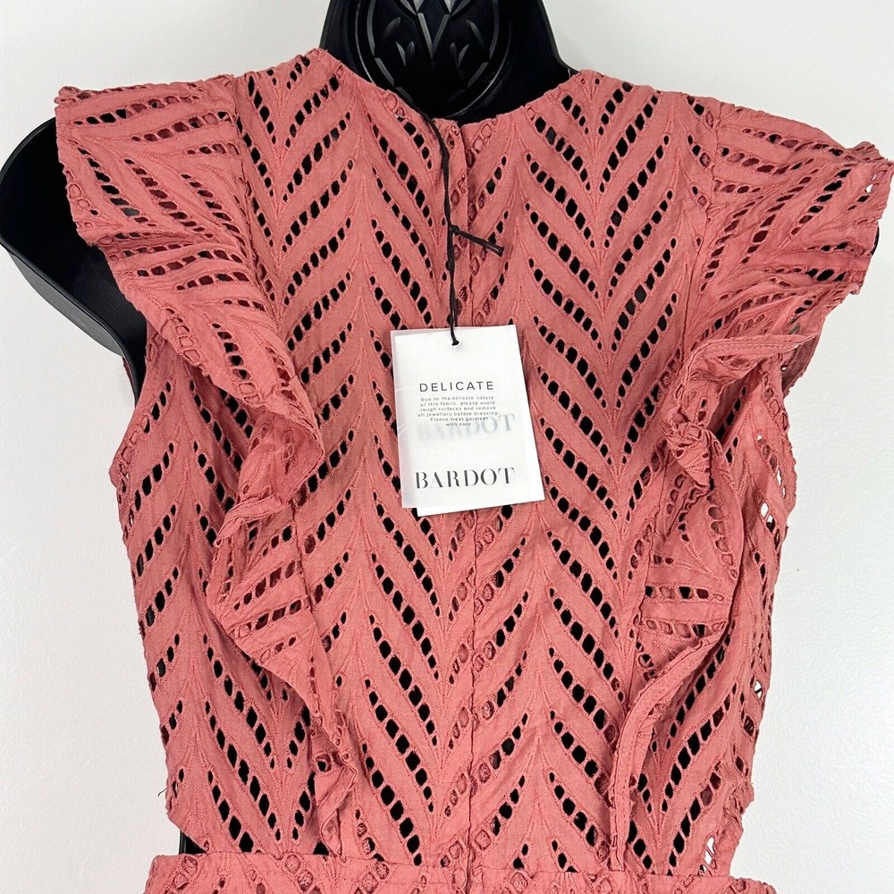 Revolve Bardot Aria Eyelet Cutout Short Dress Ruffle Moroccan Rose US S Uk10 - Picture 10 of 16
